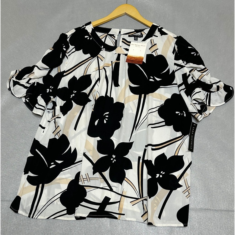 Sara Michelle Womens Blouse 3X Black White NWT Floral Puff Sleeve Chic Career